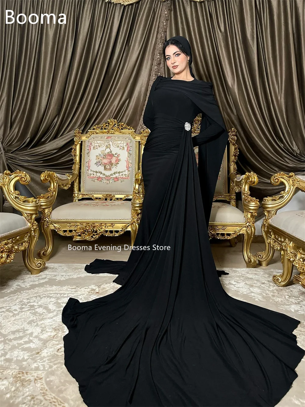 Booma sereia o-pescoço cristal preto elegante vestidos de noite vestidos formais para mulheres simples vestidos de baile feitos sob encomenda