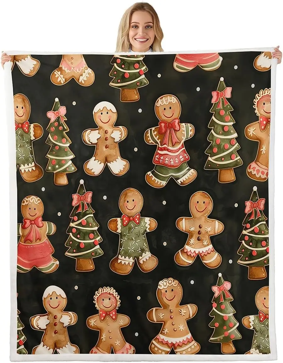 Cute Bowknot Gingerbread Man Fleece Throw Blanket Kids Christmas Tree Sherpa Blanket Plush Fuzzy for Boys Girls Teens Xmas Polka