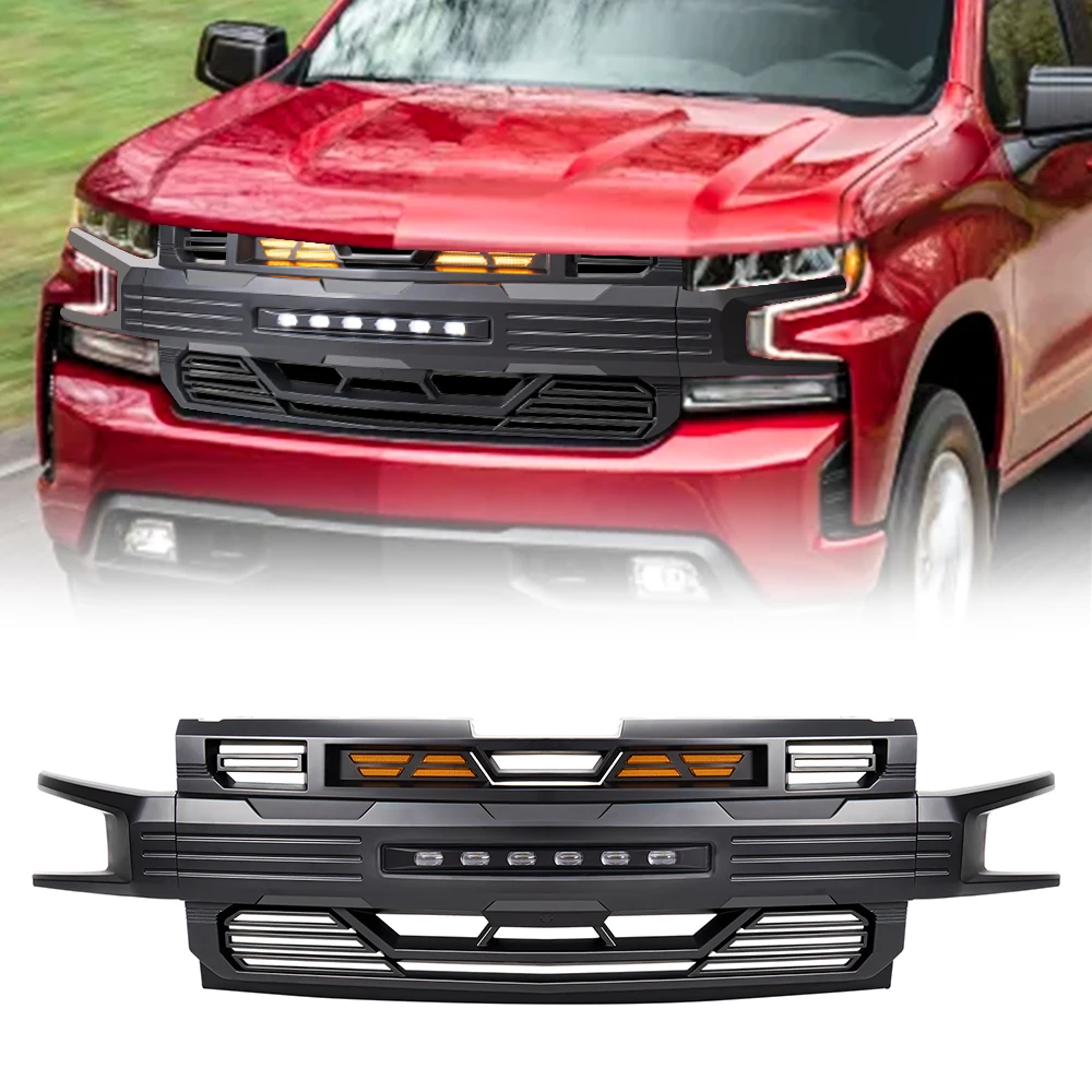 Car Grills Front Armor Grille Bumper Grill With Off-Road & Amber Lights For 2019 2020 2021 Chevrolet Silverado 1500 Matte Black