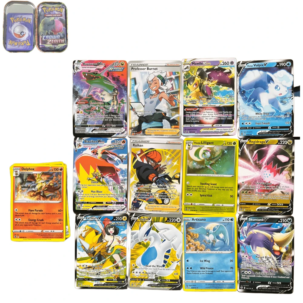 41/42/48/68/118/210 pçs caixa de metal ferro pokemon cartas de negociação jogo branco flare pikachu jogo anime cartões bancários para crianças presente