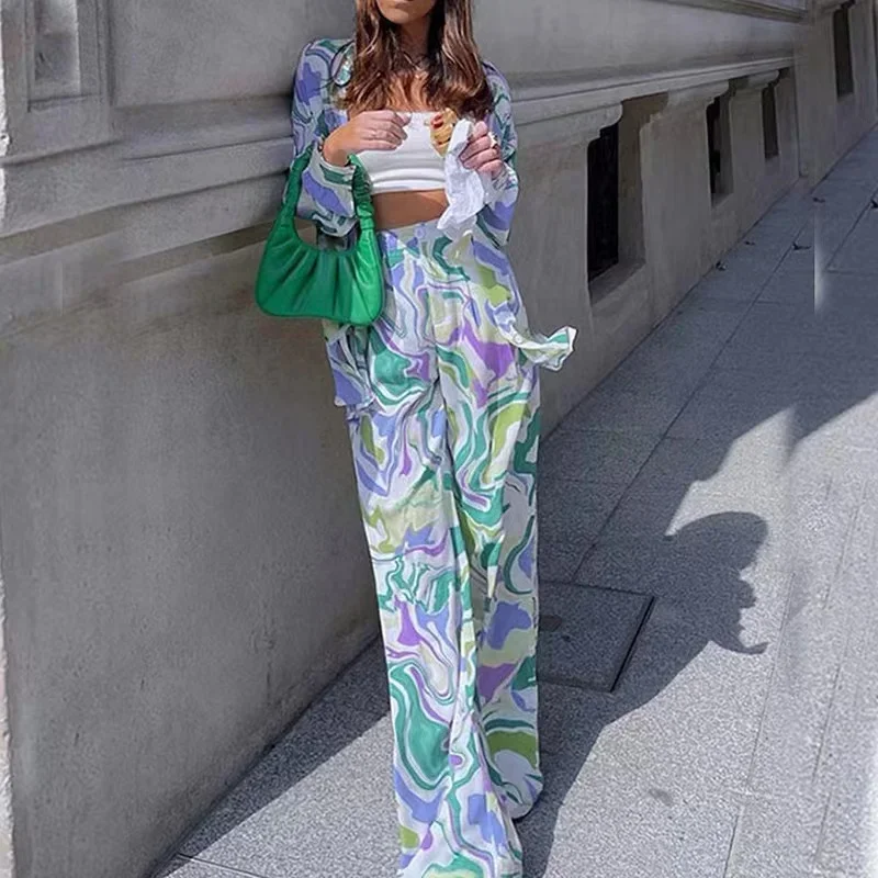 2024 Spring Print Pants Set 2 Pieces Womens Outfits Elegant Long Sleeve Shirts Female Spring Fashion High Waist Long Pants Suits