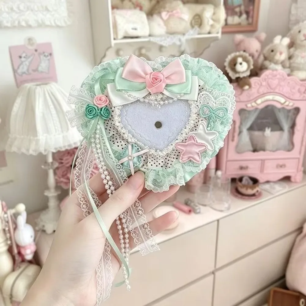 Fabric Heart Shaped Badge Holder Rose Detail Lace Trim Photocard Holder Decorative Bow Tassel Straps