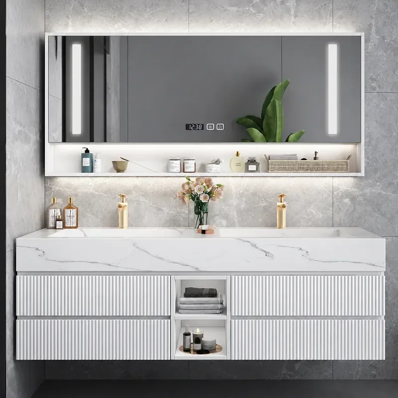 Modern Rock Slab Bathroom Vanity Cabinet Double Basin Sink Nordic Style Solid Wood Washbasin Unit Smart Storage Combo