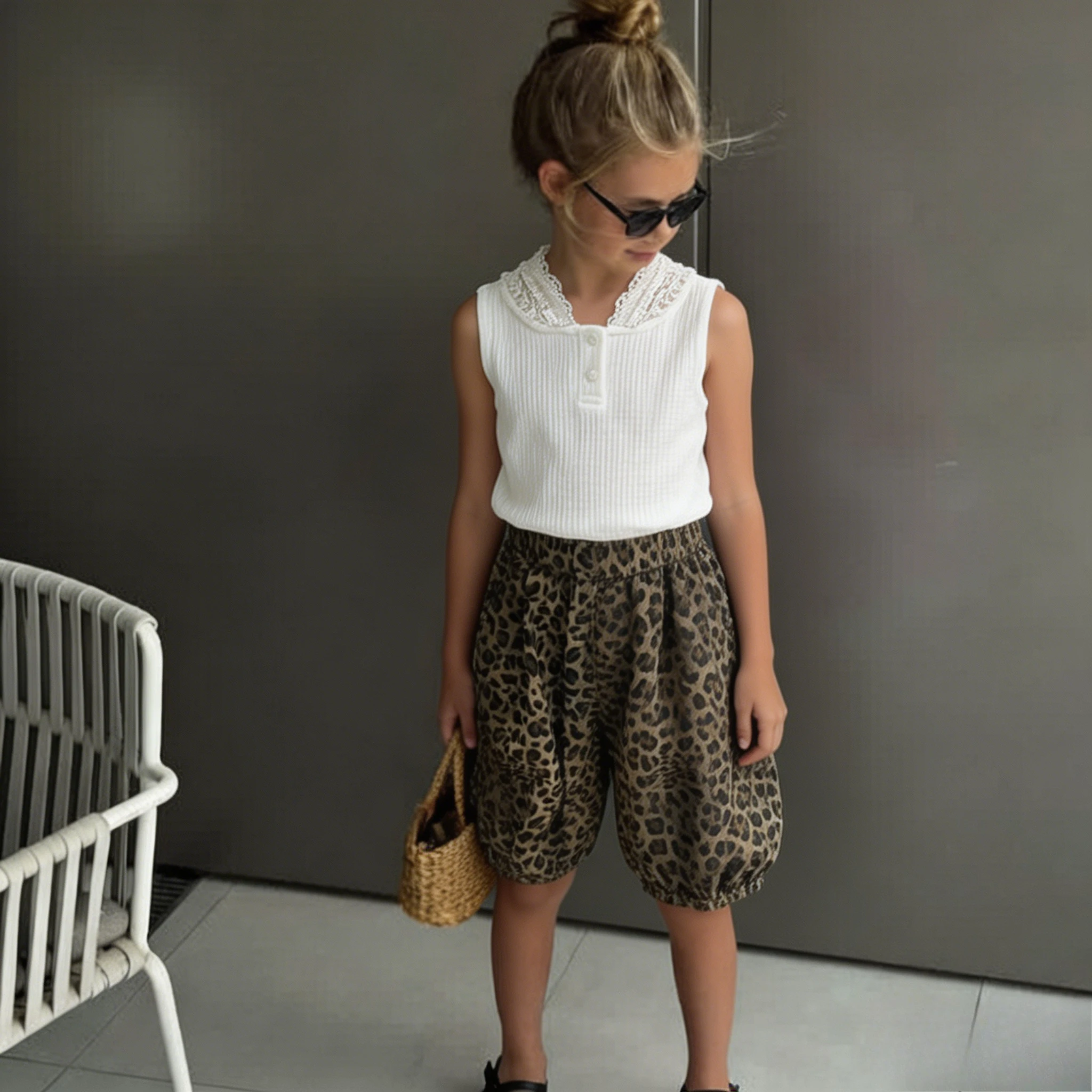 Korean Girls Summer Set New Baby Girl Stylish Lace Hooded Vest Fashion Leopard Lantern Pants Two Piece Set
