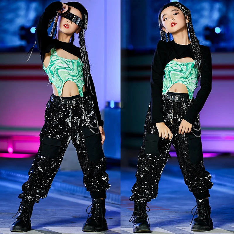 New Kids Hip Hop Dance Clothing Dye Tie Tops Shiny Sequins Pants Girls Jazz Dance Performance Stage Costume Rave Clothes VDB5200