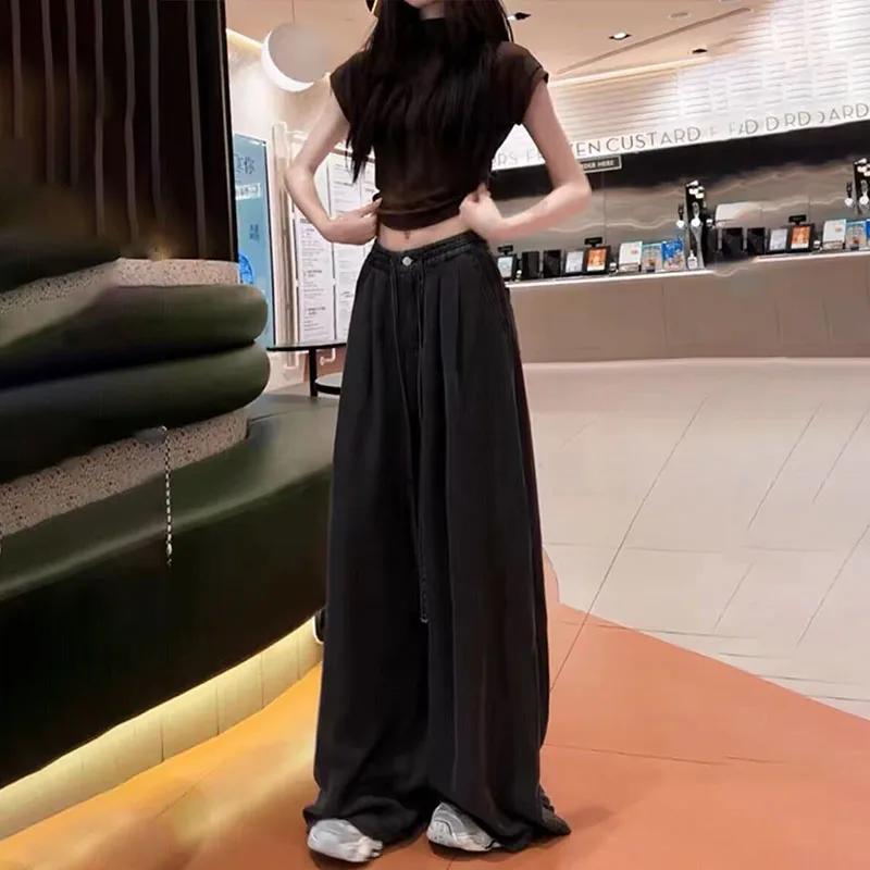 جديد إمرأة امتدت الخصر لينة الجينز الربيع الصيف رقيقة تصميم مع ثنى جيد واسعة الساق السراويل الإناث عارضة سراويل جينز 4XL