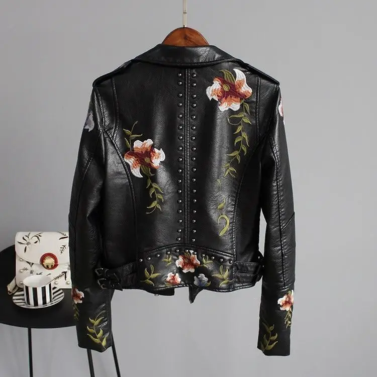 New Spring Autumn Women Biker Leather Jacket Floral Print Embroidery Pu Leather Jacket Turn-down Collar Zipper Jacket