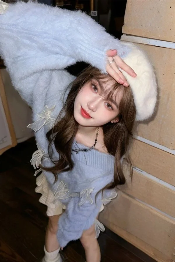 

Sweaters Jumpers Pullovers Women Pullover Y2K Blue Middle-Aged Women'S Clothes Pearl Detail Club Night Party Gala Multicolor Fit