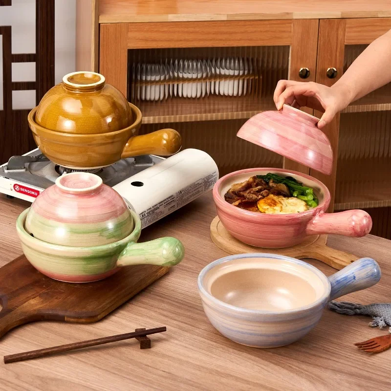 Korean Creative Gradient Ceramic Casserole with Handle Color Blocking Clay Milk Pot Saucepan Cookware Family Kitchen Cooking Pot