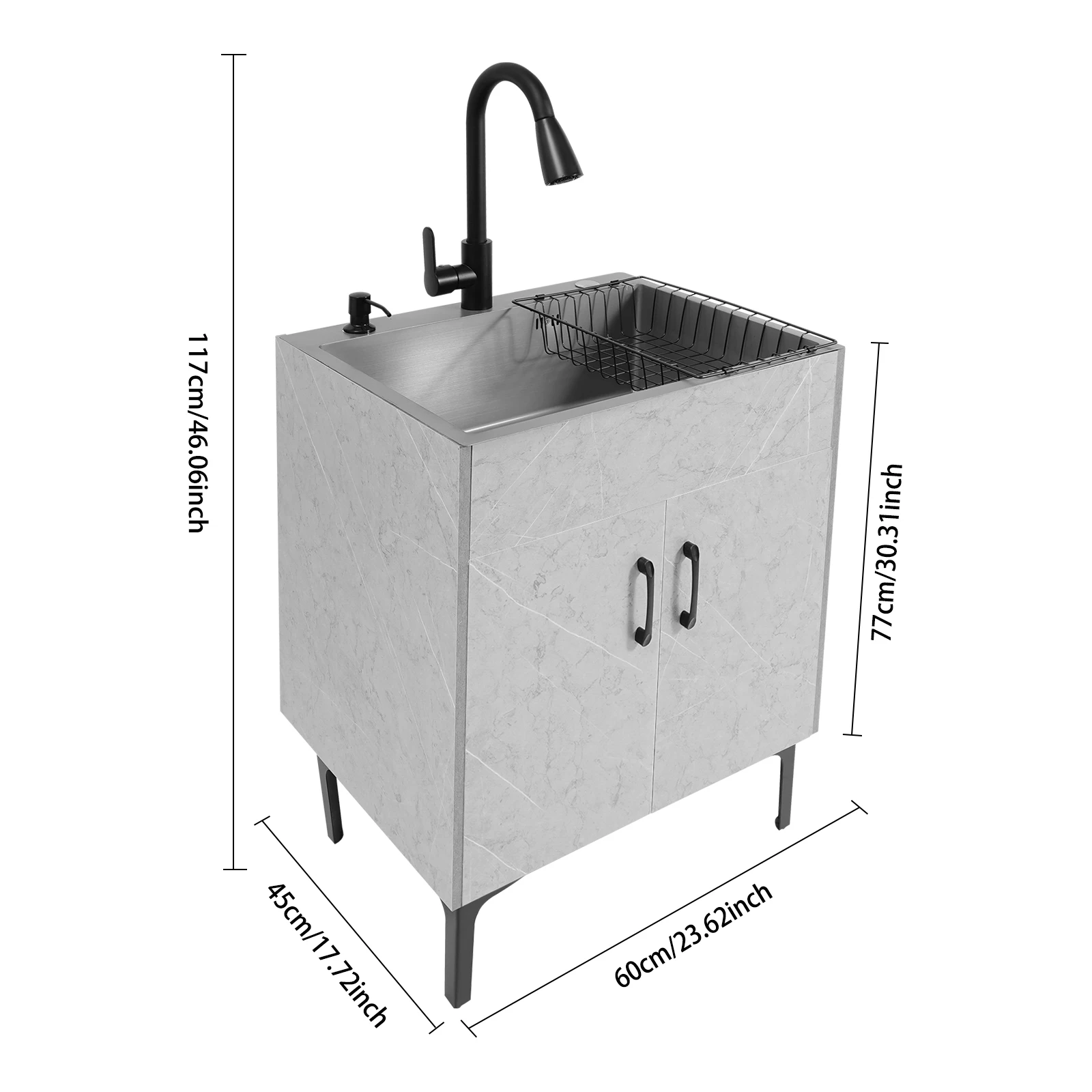 Freestanding Kitchen Sink Cabinet with Pull Out Faucet, Grey Stainless Steel Laundry Utility Sink with Drain Board