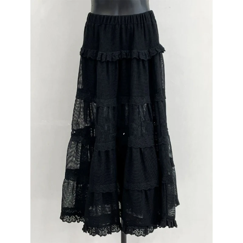 Chic High Waist Lace Splice See-tough Netting f-length Long Skirt Women's Sweet Sle A-line Pure Color Summer New Arrival