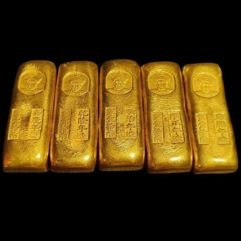 Brass gilt solid Qing Dynasty five emperors vault pick up two gold bars antique collection gold brick simulation