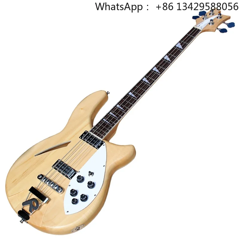 Flyoung Factory Natural Wood Color Electric Bass Guitar with 4 Strings Bass Semi-Hollow Body