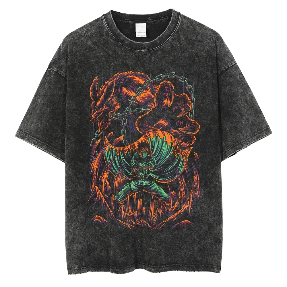 Herren Washed T-Shirt Harajuku Streetwear Hip Hop Japanischer Anime Naruto Grafik T-Shirts Baumwolle Sommer Kurzarm Vintage Oberteile