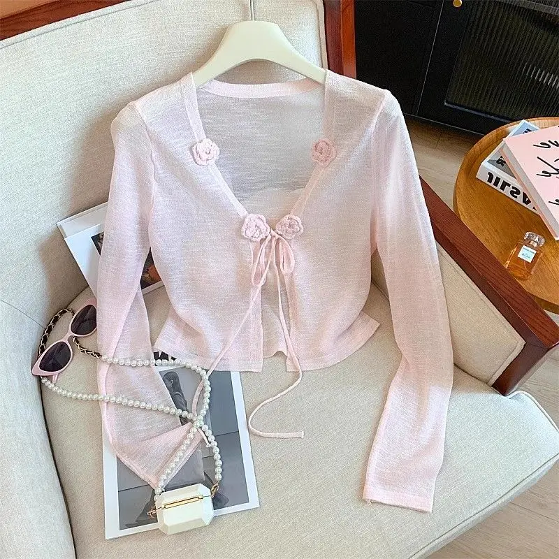 

Blouse Women Pink Three Dimensional Flower Sunscreen Thin Cardigan 2025 Summer Short Shawl Top Gentle Clothes