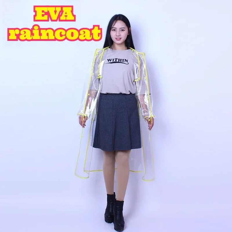 Transparent EVA Long Raincoat with Black Trim Hooded Unisex Thickened Waterproof Poncho Adult Cycling Hiking Travel Reusable