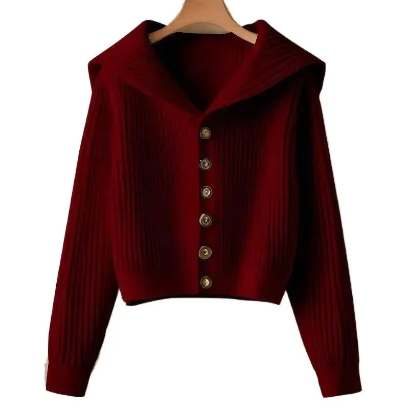 

Knitted Open Cardigan Sweater for Women Navy Collar Elegant Red Spring New Year Simple Stylish Polyester Fiber
