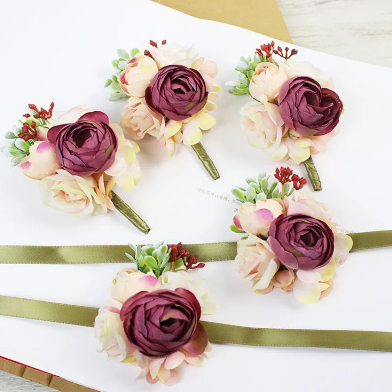 Fleurs de boutonnière artificielles, Corsage au poignet, accessoires de mariage pour demoiselle d'honneur