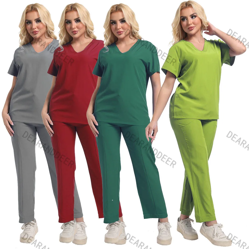 New Nurse Medical Quick-drying Set V-neck Shirt Pocket Waist Pants Beauty Salon Operating Room Doctor's Surgical Work Uniform