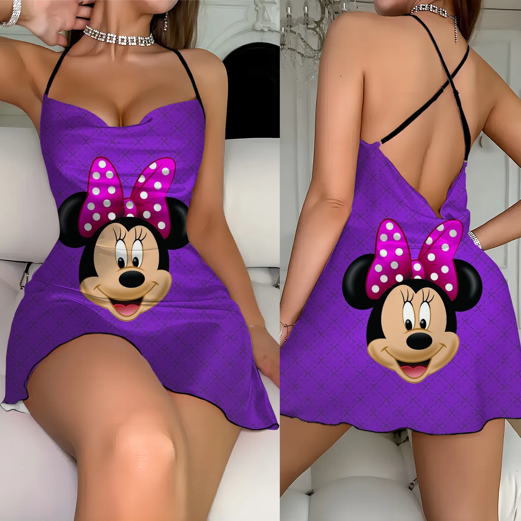 Lettuce Trim Elegant Dresses for Women Mickey Minnie Mouse Backless Dress Crew Neck Disney Fashion Summer 2024 Neck Slip Dress