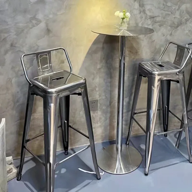

-Iron and stainless steel bar chairs with raised backrests, minimalist industrial style bar chairs