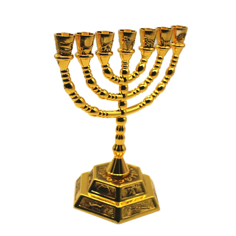 Menorah Candelabra for Home Decoration, Candle Holder, Judaica Hanukkah, 12 Tribes Gold Color Candlestick, Alloy Religious Decor