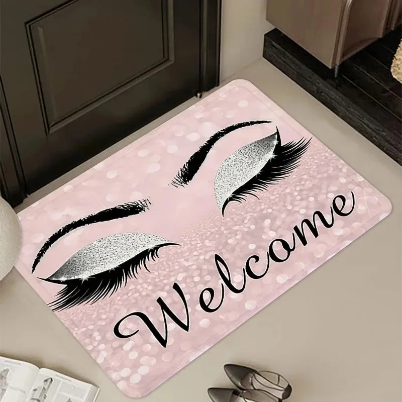 VIKAMA Welcome Eyelash Doormat Pink Glitter Eye Print Non Slip Washable Floor Mat for Home Entrance Hallway Decor