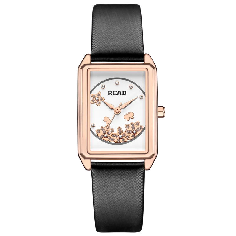 READ Ladies Rectangle Analog Wrist Watch | Flower‑Decor Dial | Black Textured Band | Daily Water Resistant Casual Dress‑up Watch