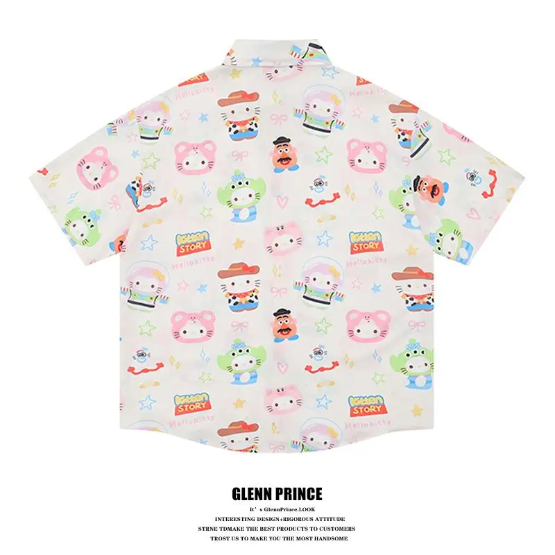 BEIANJI men clothing 2025 new fun kt cat full print short-sleeved shirt unisex summer cute niche casual loose flower mens shirt