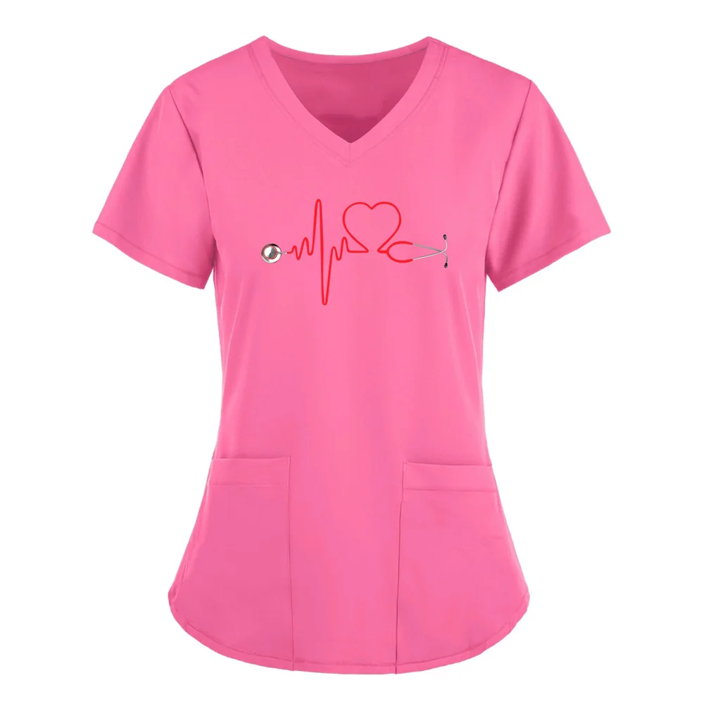 Scrubs Medical Uniforms Woman Top Fashion V Neck Soild Short Sleeve Tops Pocket Working T-Shirts Blouse Women's Athletic Shirts