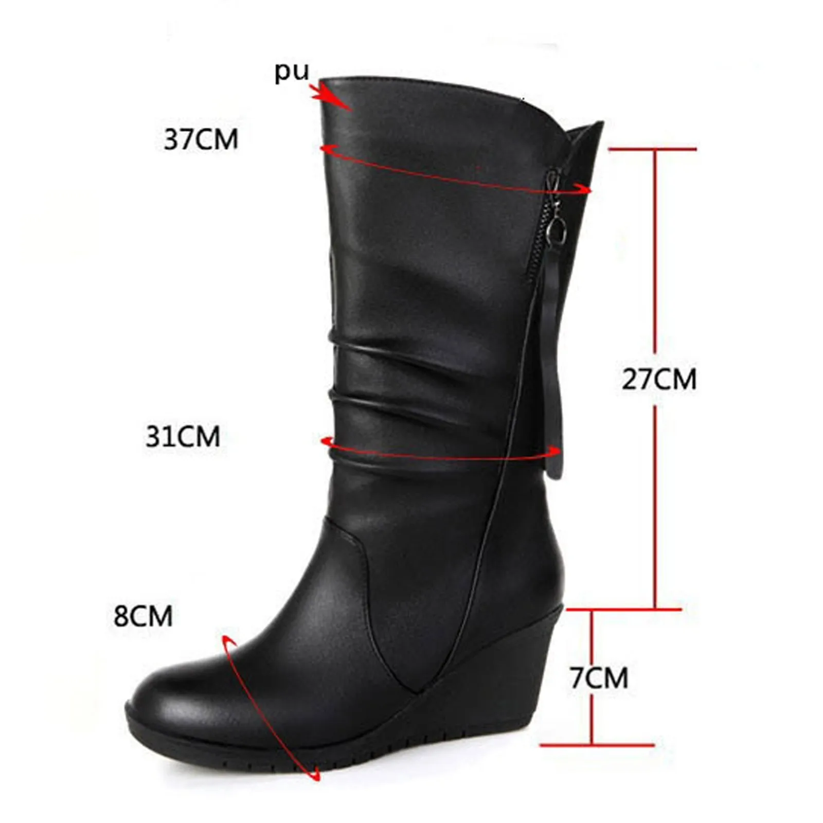 Women\'s Plush Autumn And Winter New Round Head Leather Square Heel Vintage Pull Wedge Chain Mid Wedge Boots for Women Wide Calf