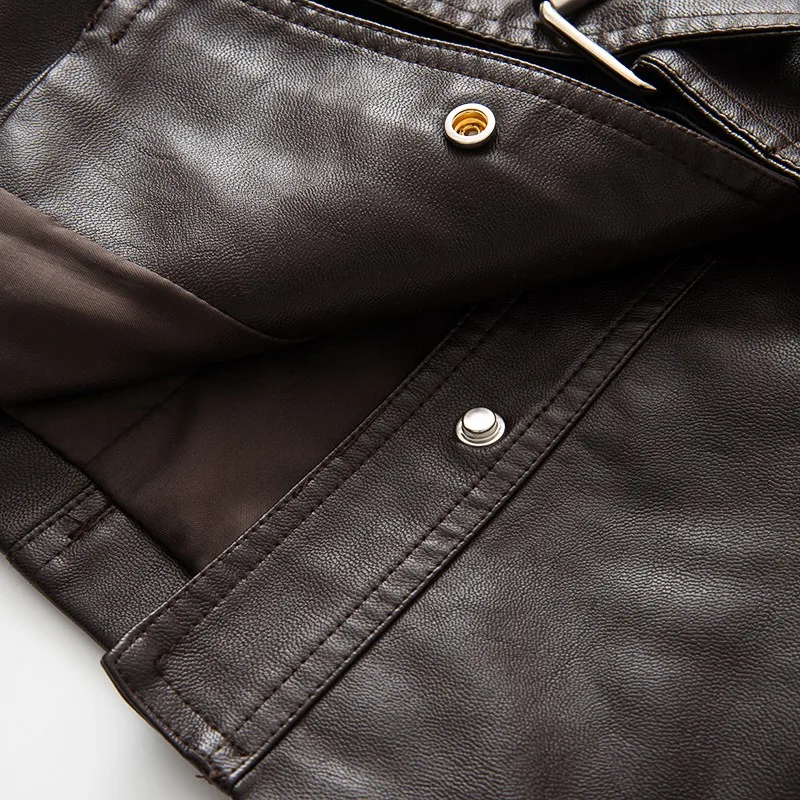 Chaqueta de Motera para Mujer, Estilo Retro E, Cuero Sintético Marrón, Diseño con Cinturón, Moda Otoñal, Corte Recto, ...