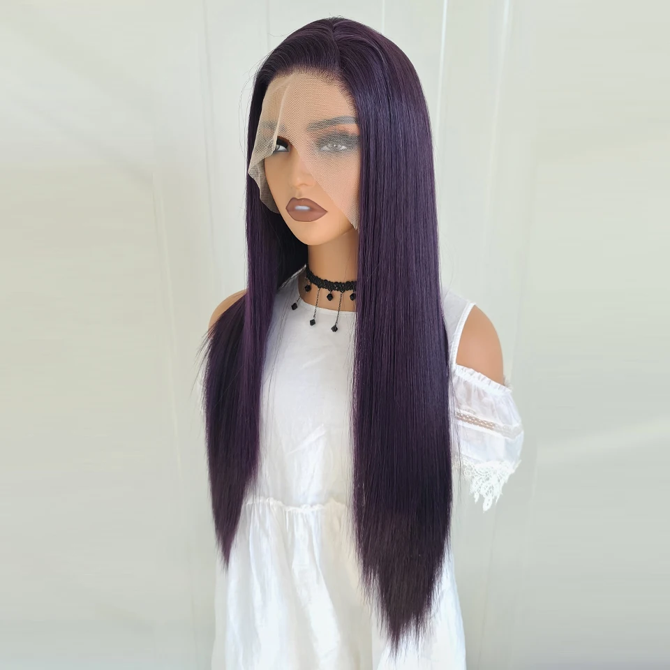 Webster Synthetic Wigs For Women Long Straight Lace Front Wig Dark Purple Color Heat Resistant Fiber Natural Looking Wig