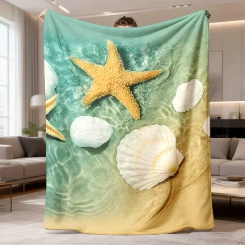 Underwater Starfish Seashell Blanket Sandy Seawater Ocean Scene Realistic Print Soft Warm Blanket for Sofa Bed Decor