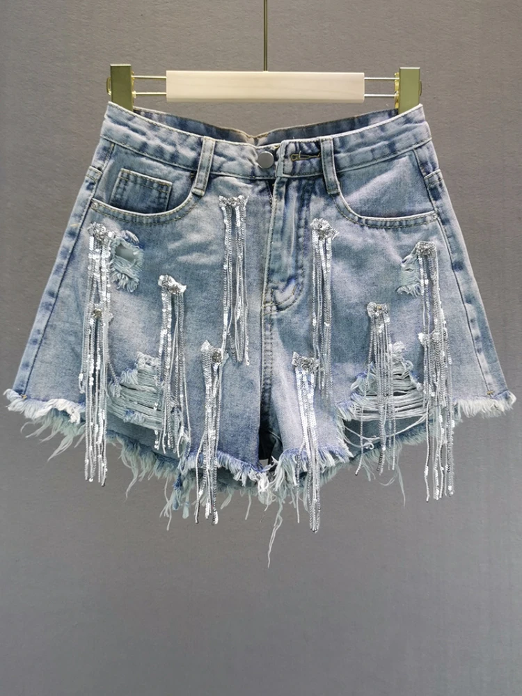 Jeans Shorts Woman 2023 Summer New European Streetwear Style Loose High Waist Sequin Fringed Ripped Denim Hot Pants