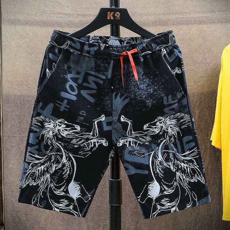 Fashion Loose Elastic Waist Printed Pockets Shirring Bandage Casual Shorts Men\'s 2023 Summer New Oversized Asymmetrical Shorts