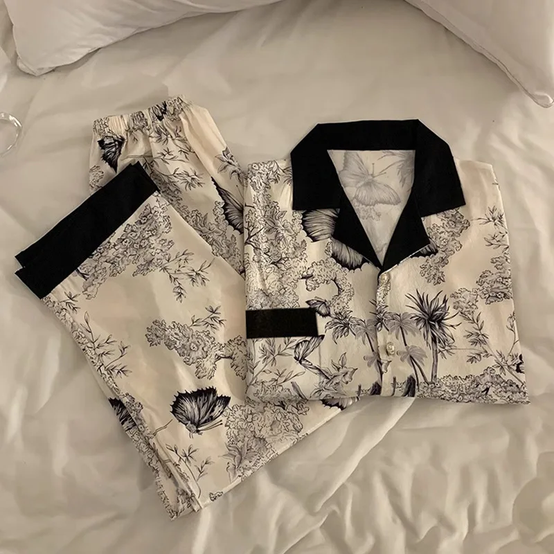 Silk Pajama Women Nightwear Nightie Night Wear Floral Print Summer Women's Suit For Home Sleepwear Pyjamas Set Of Clothes