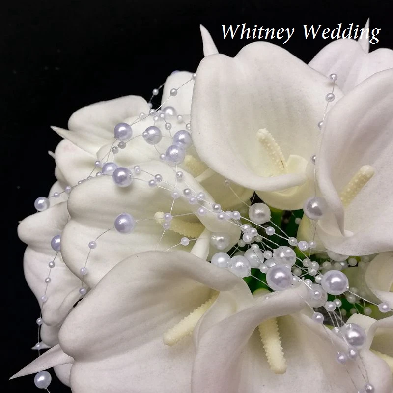 Branco calla lírios nupcial de seda casamento bouquet toque natural com pérolas dama de honra flor mariage ramo novia
