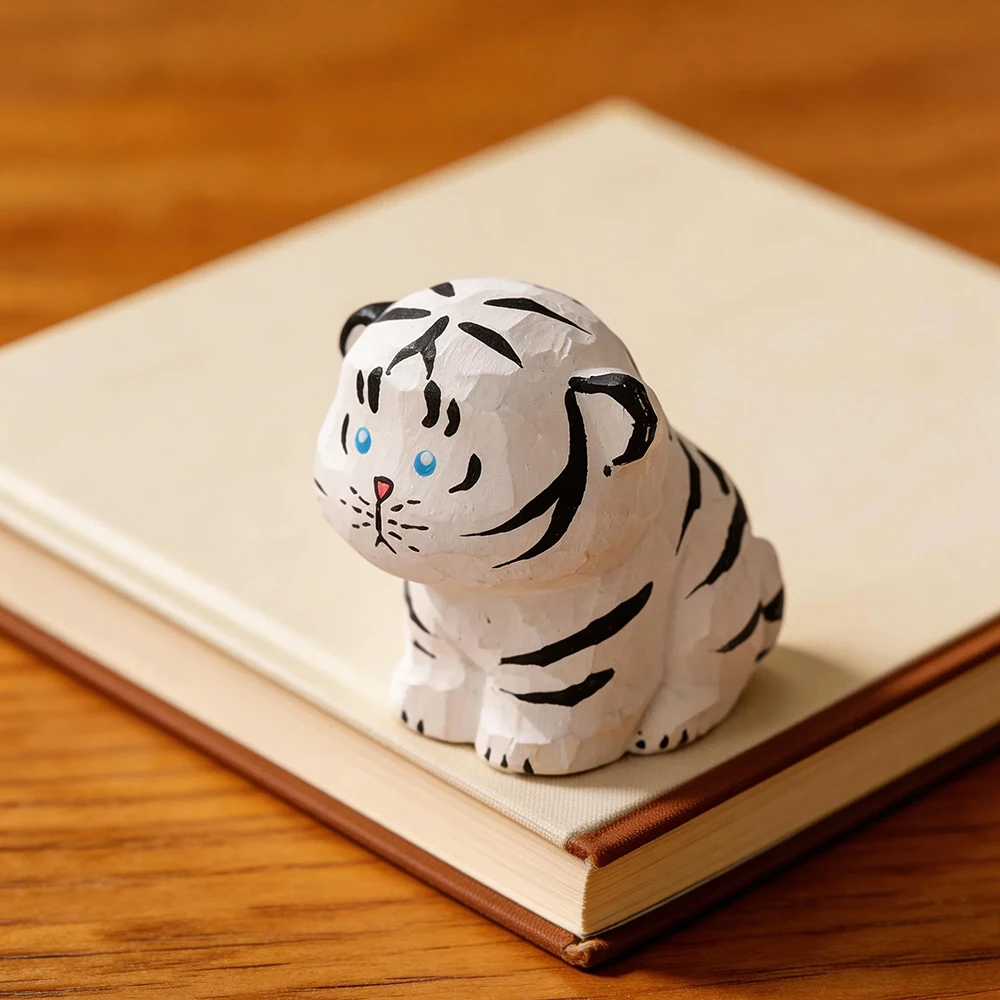 Cute Handmade Decorative Wooden Tiger Figurine Mini Animal Ornament Statue Carving Home Room Desktop Accessories Decor Gift
