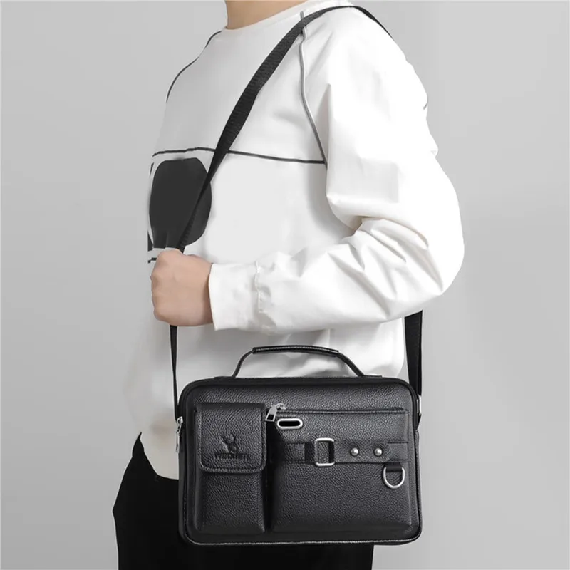 Business Messenger Bag PU Leather Men Shoulder Bag Vintage Male Casual Totes Handbag Cowhide Crossbody Bag Male