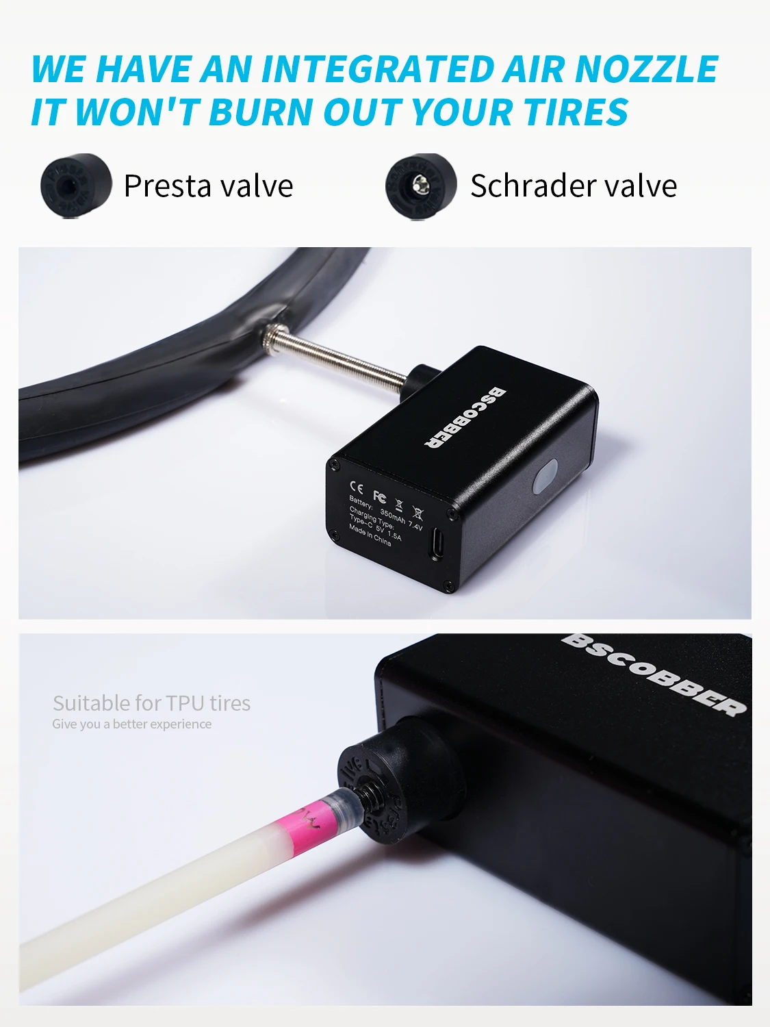 BSCOBBER Fahrrad-Zubehör Elektrische Tragbare Luftpumpe Reifenfüller Notfall-Lampe 100PSI MTB Rennrad Powerbank – Detail 6