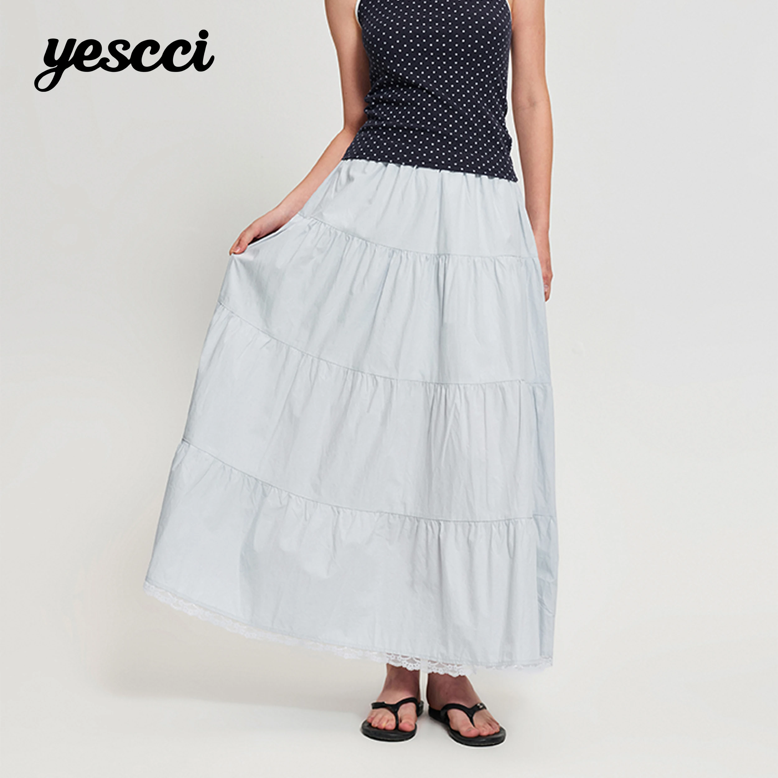 YESCCI 100% Cotton Women's Skirt 2026 Autumn New Elegant Lace Trim Thin Flowy Long Dress Built-in Shorts Woman Clothes S56445211