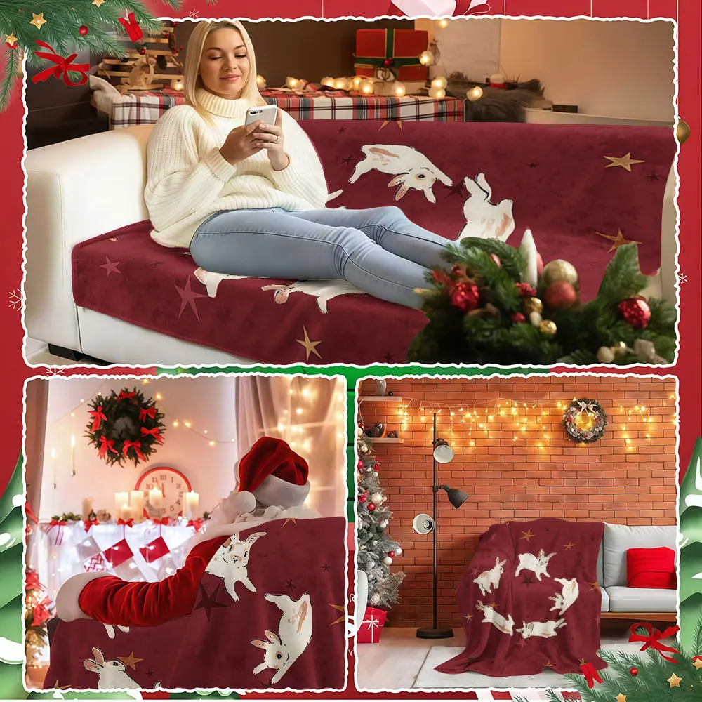 Red Background Rabbit Star Winter Summer Flannel Blanket Throw Fleece Soft Fuzzy Plush Cozy Fleece Blankets for Sofa Ideal Gifts