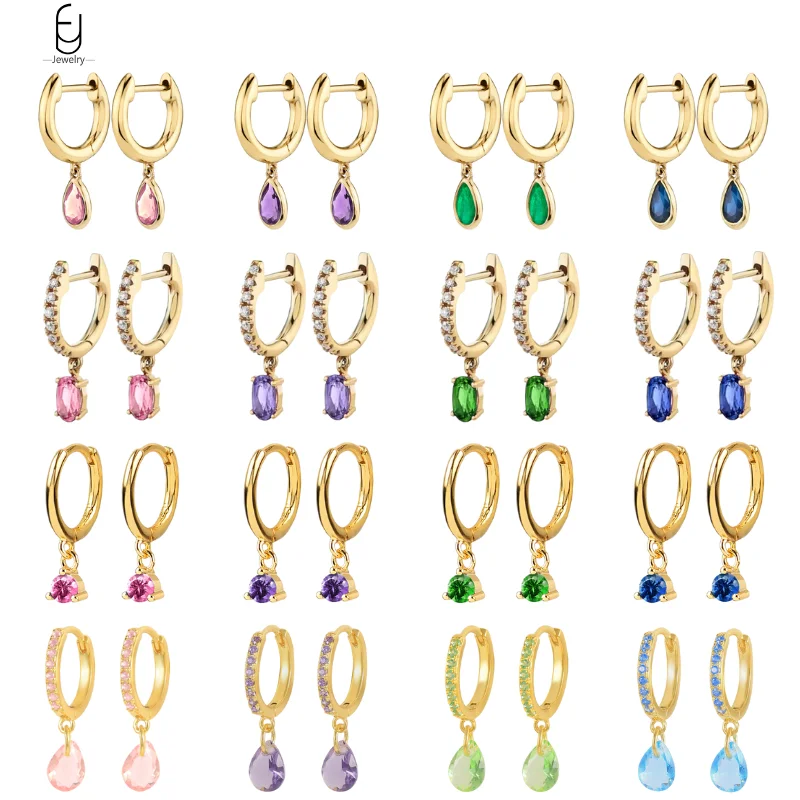 925 Steling Silver Ear Needle Fashion Colorful Crystal Hoop Earrings for Women Water Drop /Round Pendant Earring Luxury Jewelry