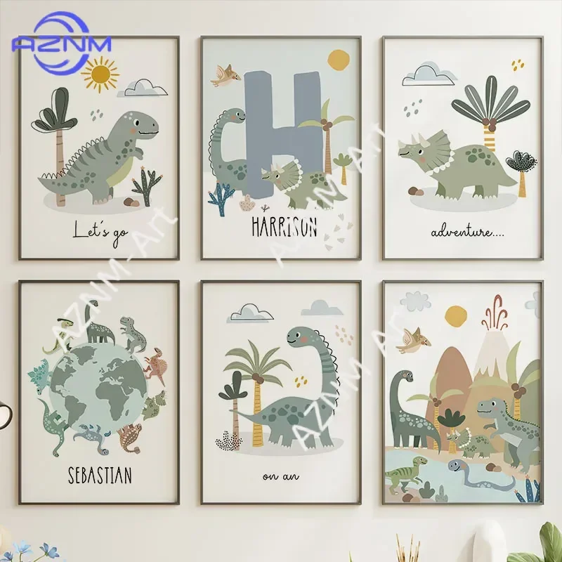 Earth Dinosaur T-Rex Brachiosaurus Nursery Wall Art Canvas Painting Nordic Dino Posters And Prints Pictures Baby Kids Room Decor