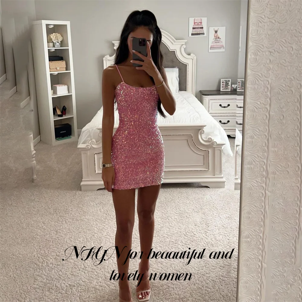 

NFYN Pink Sexy Prom Dresses Mini Sleeveless Prom Gown for Woman Shiny Sequins Prom Gown with Beads robes du soir Customized