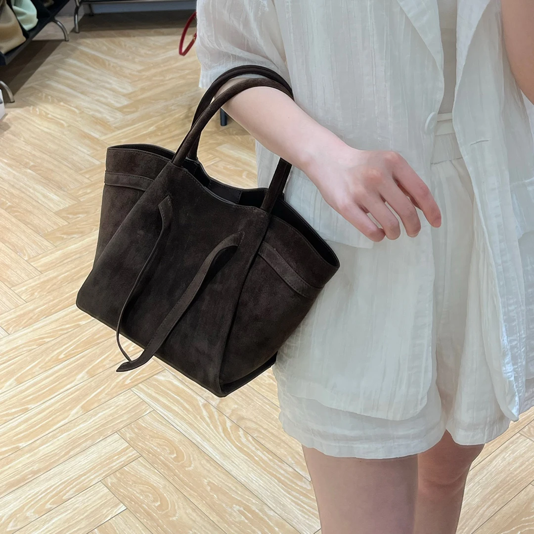 Mendy Genuine Leather Suede Wing Tote Bag Women Minimalist Fan Shape Side Flap French Style Versatile Designer Luxury New In