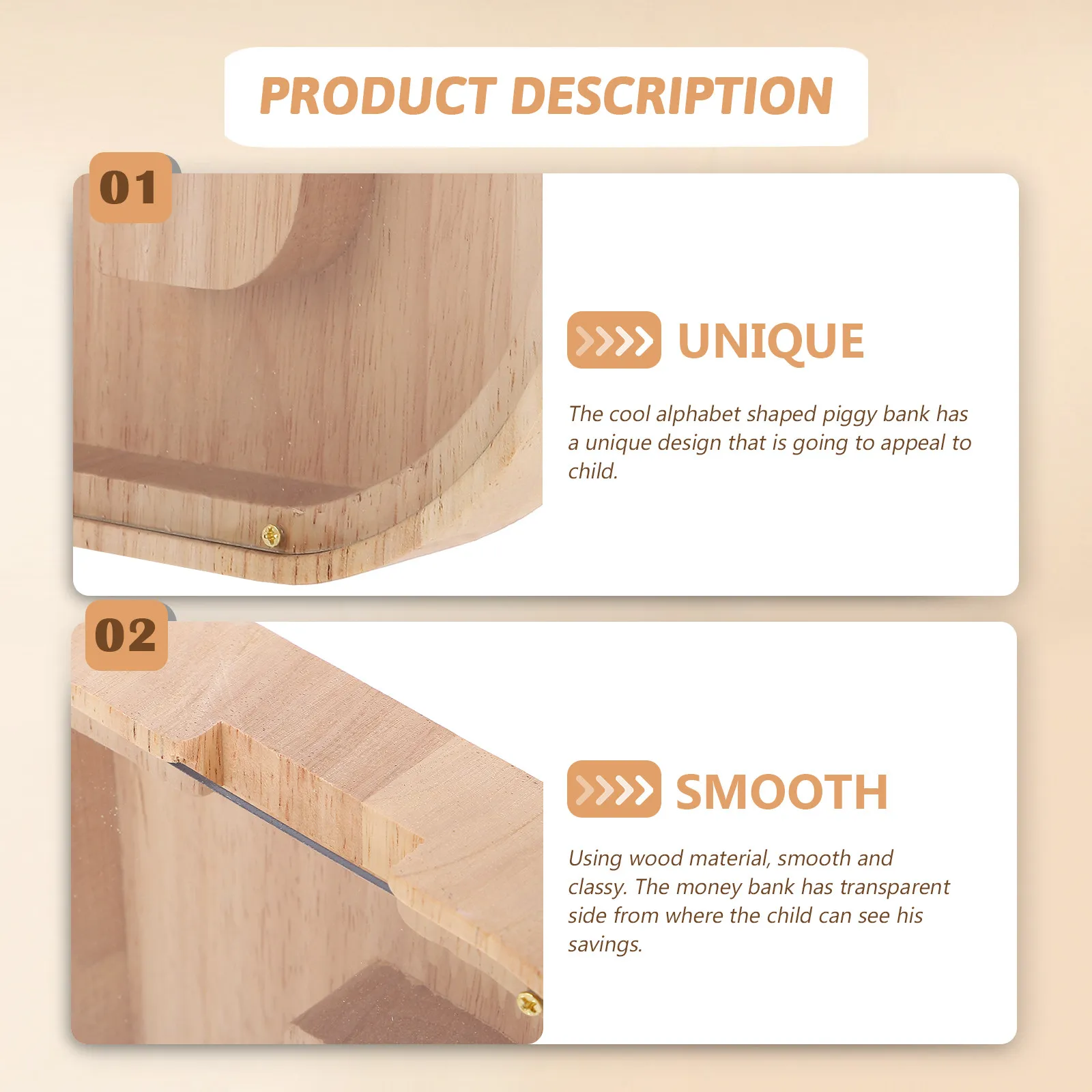 Letter Design Money Bank Craft Made of Solid Wood Transparent Savings Box Educational Coin Holder Desktop Artistic Home