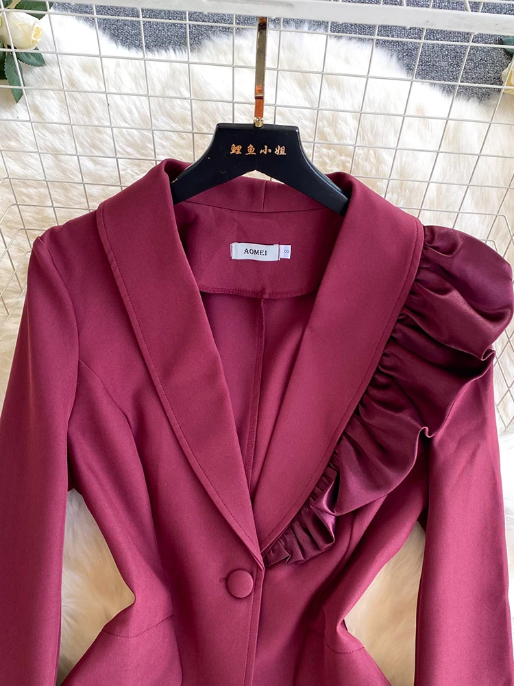 Korean version solid single buckle commuter suit jacket women's wooden ear design decoration fashionable professional jacket