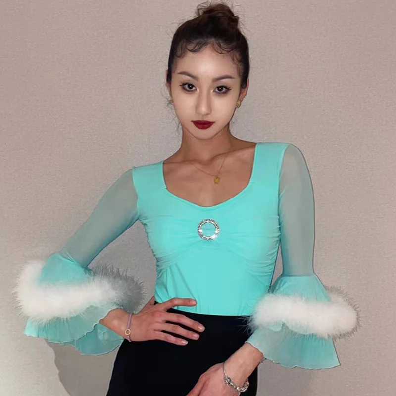 

2024 Ballroom Dance Tops Plush Long Sleeves Green Bodysuit Adult Latin Dance Clothes Rumba Cha Cha Practice Clothing DNV19220